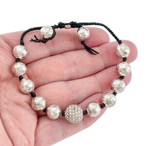 Vintage Sterling Silver 925 Hammered Ball Crystal Pave Shamballa Bracelet 5-8.5"